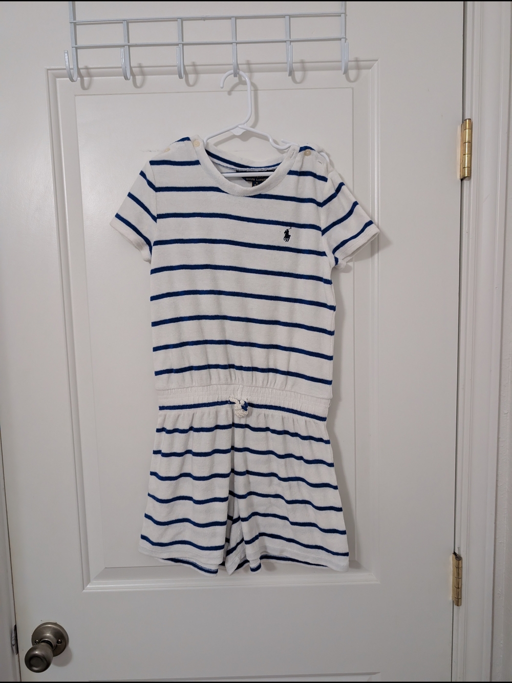 Polo by Ralph Lauren White and Navy Striped Terry Cloth Romper Size 8-10